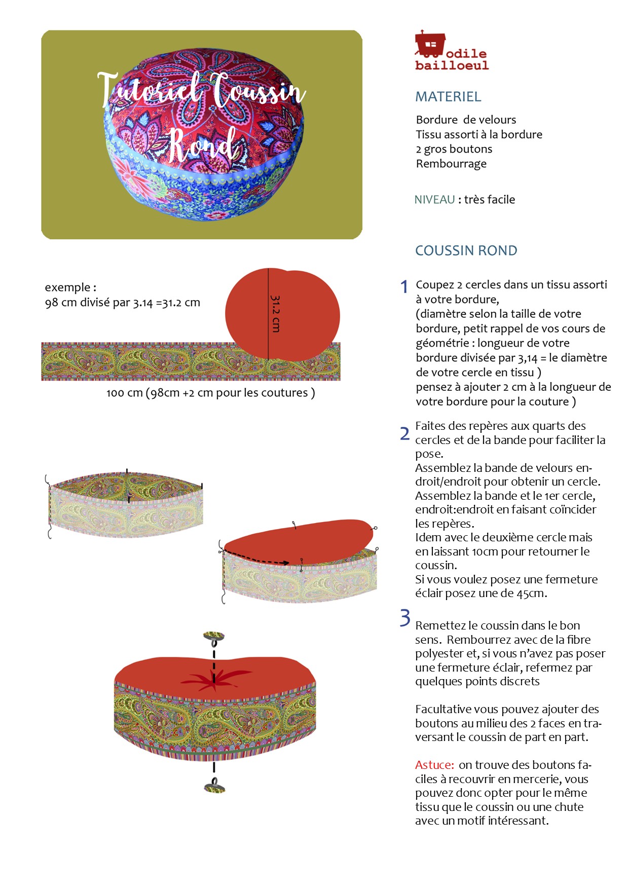 Tuto gratuite coussin rond